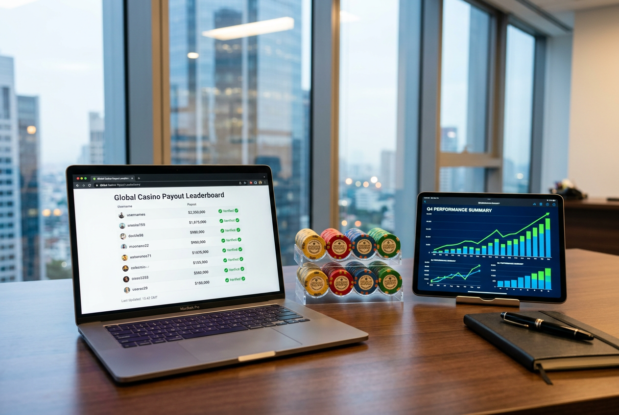 A professional financial dashboard showing verified casino payout statistics and green performance graphs.