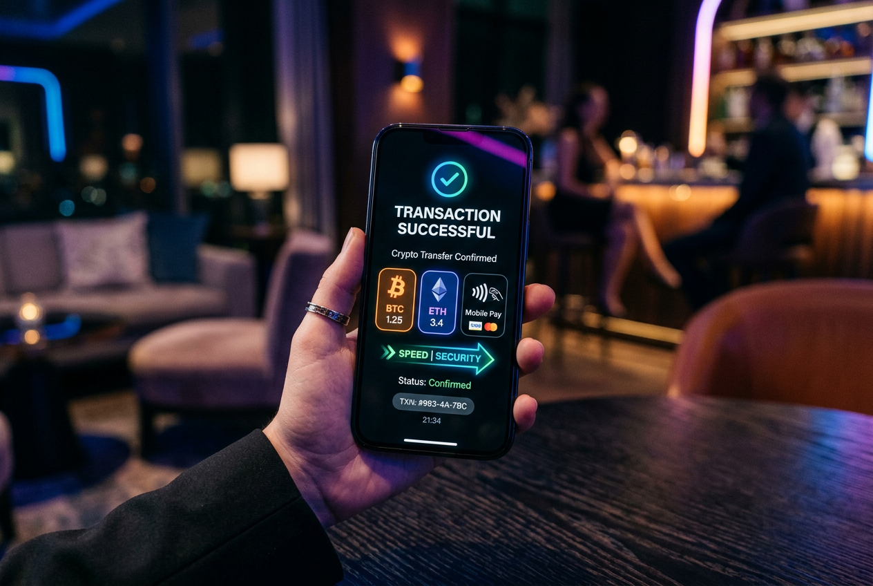 A smartphone displaying a successful instant payment transaction next to crypto icons and a credit card.