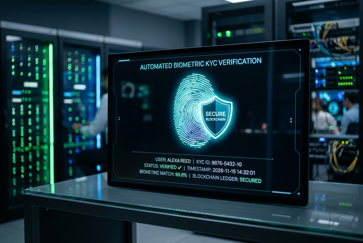 A digital security interface representing automated KYC and blockchain verification.
