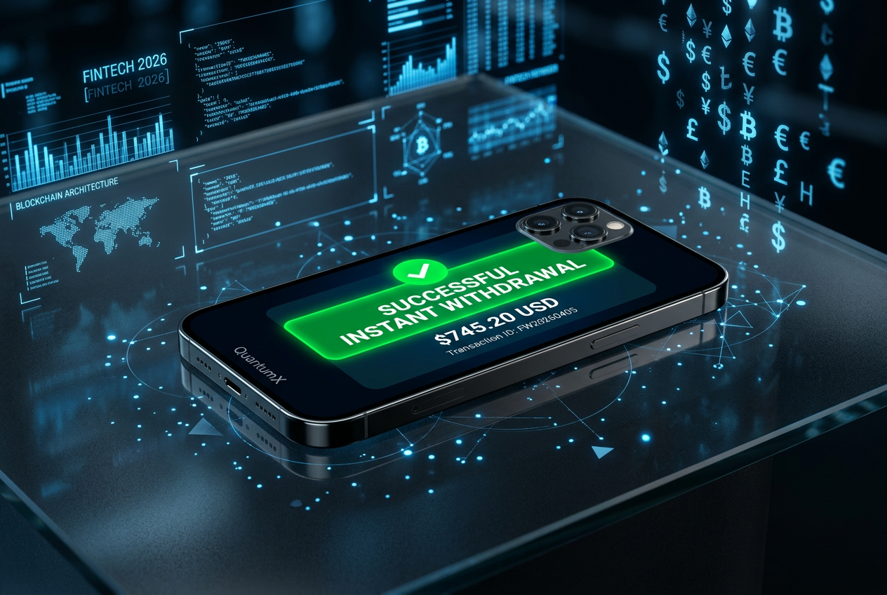 A sleek smartphone displaying a fast payout notification with holographic data streams.